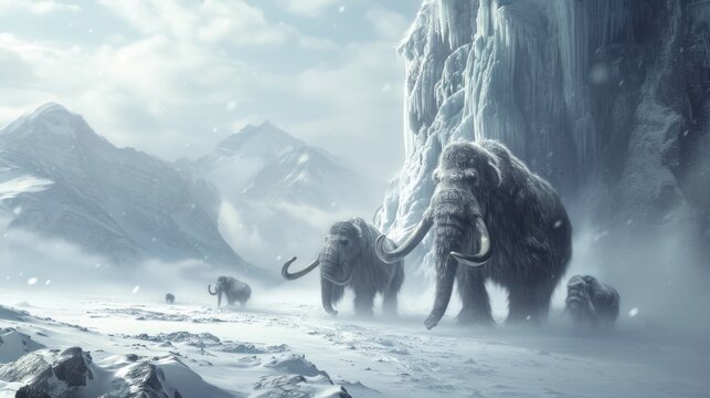A group of mammoth walking in snow field in freezing winter.