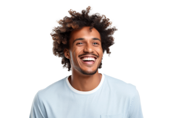 Studio portrait of Handsome African-American man with clean healthy skin and happy smile isolated on transparent png background.