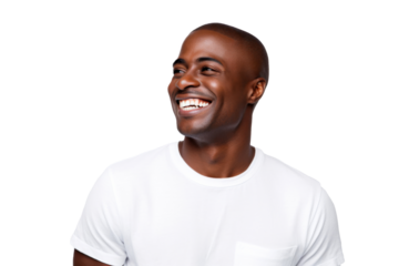 Studio portrait of Handsome African-American man with clean healthy skin and happy smile isolated on transparent png background.