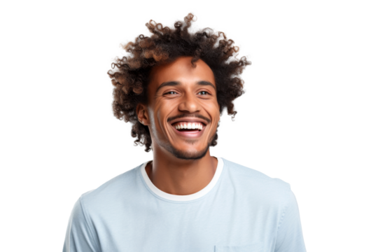 Studio portrait of Handsome African-American man with clean healthy skin and happy smile isolated on transparent png background.