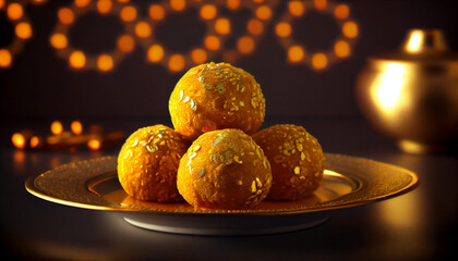 Sweet Motichoor laddoo is also known as Bundi Laddu or Motichur Laddoo which originated from very small Gram flour balls or Boondis, with diwali celebration concept background, Ai generated image - obrazy, fototapety, plakaty