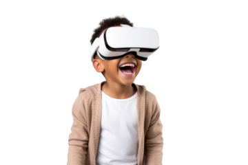 Portrait of young kid wearing VR glasses experience isolated on clean background, virtual reality world, technology futuristic.