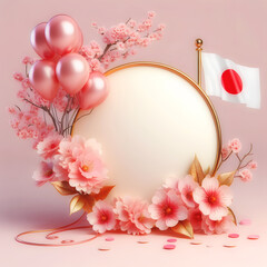 Empty circle border card with cherry blossom, or sakura flower and pink colors balloons and  japan flag. luxury ai generated 3d realistic style