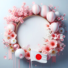 Empty circle border card with cherry blossom, or sakura flower and pink colors balloons and mount fuji with japan flag. luxury ai generated 3d realistic styl