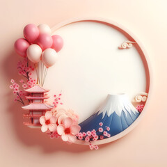Empty circle border card with cherry blossom, or sakura flower and pink colors balloons and mount fuji luxury ai generated 3d realistic style