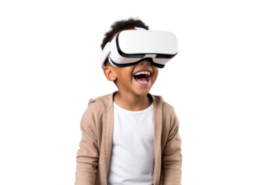 Portrait of young kid wearing VR glasses experience isolated on clean background, virtual reality world, technology futuristic.