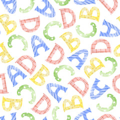 Alphabet background. Watercolor drawing of colored letters on white. Children's school decoration. Cartoon font, packaging and fabric design.