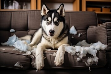 Husky dog chewed and destroyed the sofa and sits on it, harmful dog, doing a mess at home