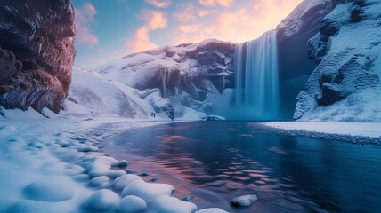 A serene winter wonderland, where a majestic waterfall cascades down a frozen mountain amidst a blanket of snow, under a cloudy sky