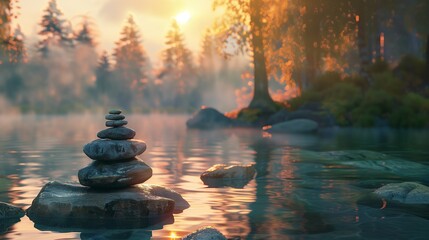 Mental well-being, featuring guided meditation and relaxation techniques in a serene natural setting. - obrazy, fototapety, plakaty