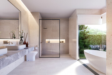 Minimal style modern luxury bathroom with nature view 3d render, It has a beige granite tile floor and walls, gray marble sink counter Large windows with views of the green garden.
