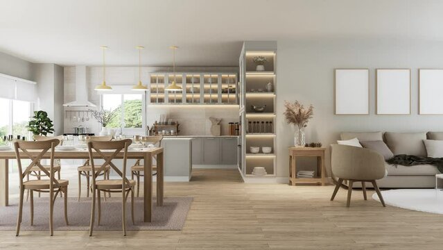 Modern luxury vintage style living and dining room overlooking kitchen and nature view 3d animation render, There are wooden floor ,decorated with wooden furniture