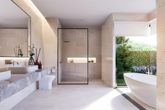 Minimal style modern luxury bathroom with nature view 3d render, It has a beige granite tile floor and walls, gray marble sink counter Large windows with views of the green garden.