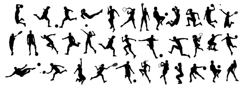 Silhouettes of different men and women performing various sport activities, playing basketball, volleyball, tennis, soccer, football, running. Vector illustrations isolated on transparent background.