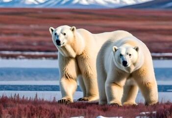Polar bear with a cubs in the tundra. Canada. AI generated