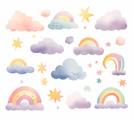 Whimsical set of pastel watercolor rainbows and clouds, perfect for dreamy designs, nursery art, and creative stationery themes