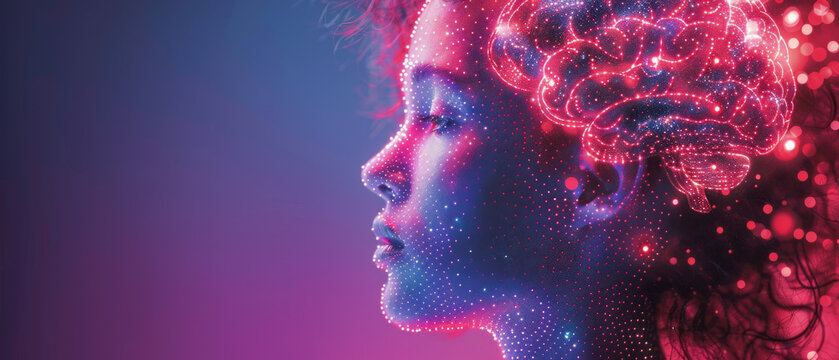 Digital Portrait of Woman with Neon Mind Network Concept - Powered by Adobe