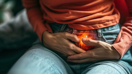 Close-up of an individual clutching their stomach in pain, highlighting the concept of abdominal discomfort or digestive issues.
 - obrazy, fototapety, plakaty
