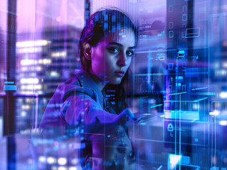 woman against the background of cyber elements, codes and locks.