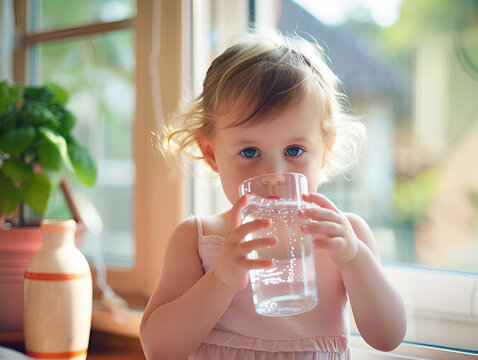 Pretty little child drinking fresh water on sunny summer day at home.
