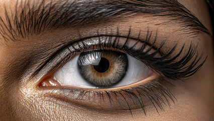 close up of a female eye with long eyelashes - 738844253