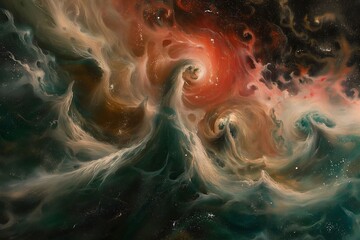 Abstract Cosmic Artwork Depicting Swirling Galaxies, Nebulae, and Interstellar Clouds in Vibrant Colors