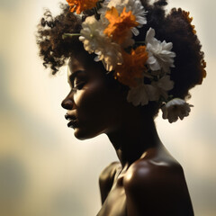Black Young Woman, flowers in head, concept of mental health, double exposure - 738844802