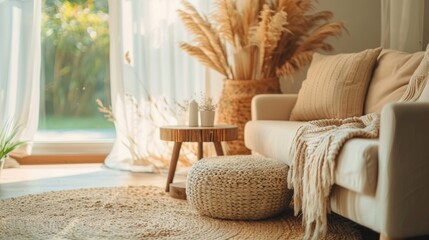 Cozy farmhouse-inspired living room with wooden accents, natural light, and a comfortable atmosphere for a homey interior design. - obrazy, fototapety, plakaty