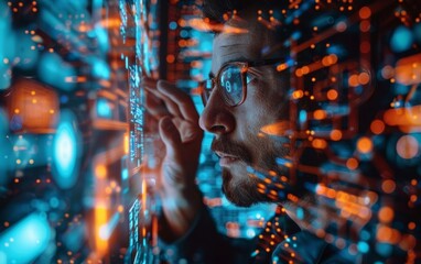 Data analysis engineer develops code to program AI for global business strategies using digital displays and monitors.