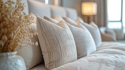 Close up detail of a white pillow on a stylish bed in a bright, modern bedroom, showcasing the beauty of home interior design.