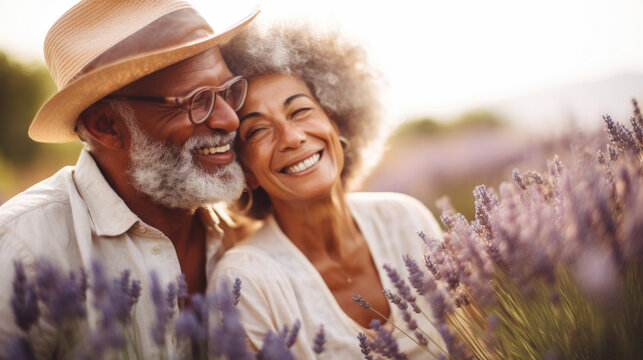 Mature Mixed Race Couple Enjoying Sunshine in Summer Lavender Field copy space