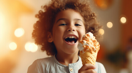 Naklejka premium Latin American child portrait enjoying caramel ice cream cone, copy space