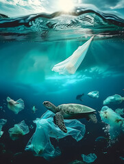 The concept of plastic pollution in the ocean, a turtle swims amongst plastic bags while a man...