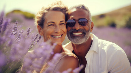 Fototapeta premium Mature Mixed Race Couple Enjoying Sunshine in Summer Lavender Field copy space