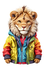 lion full body 3d character wearing colorful hoodie.
t-shirt design