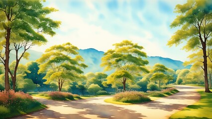watercolor landscape with trees. AI Generated