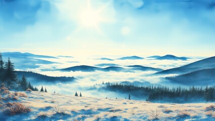 Blue landscape of foggy forest, winter hill. Wild nature, frozen, misty, taiga. watercolor background. AI Generated