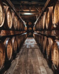 Wine barrels in an aging facility