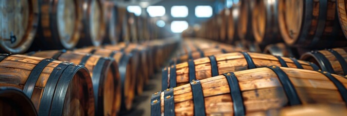 Wine barrels in an aging facility - obrazy, fototapety, plakaty