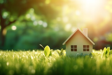 Housewarming card background. Good for greeting cards, save the date, stationery design. Green home , house in fresh grass , sun shining overhead