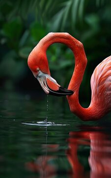 flamingo in the water of the lake, closeup of photo