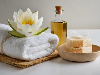 Obraz na płótnie Canvas Gua sha facial stone, cosmetic bottles, towels and candle on wooden background still life stock photo images. Spa and wellness setting with massage stone. Beauty spa treatment composition images