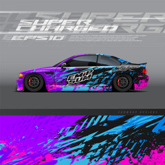 Racing car wrap design vector. Graphic abstract stripe racing background kit designs for wrap vehicle, race car, rally, adventure and livery