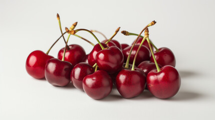 A group of Fresh organic cherries with stalks on the table on a white background. Space for text, Generative AI