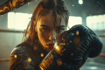 Action shot of a woman in boxing training, powerful athleticism