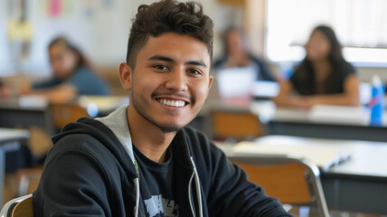 Fototapeta premium male college student sitting a classroom smiling