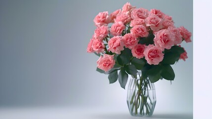 Elegant bouquet of pink roses in a glass vase on a neutral background. ideal for greetings and invitations. simple and stylish floral design. AI