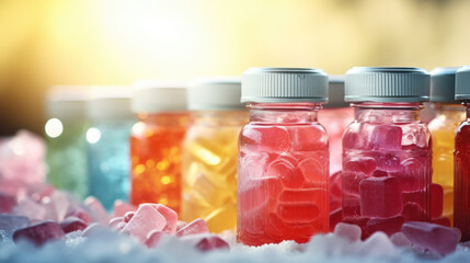 Colorful Translucent Gelatin chewable gummy supplements Background, copy space