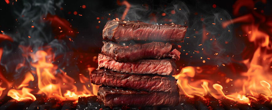Fresh grilled blood steak pan-seared with fire on a dark background