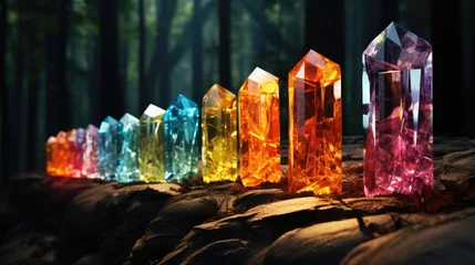 Fototapeten Magical iridescent gemstone crystals in dark mystery forest, sparkling glow © Top AI images